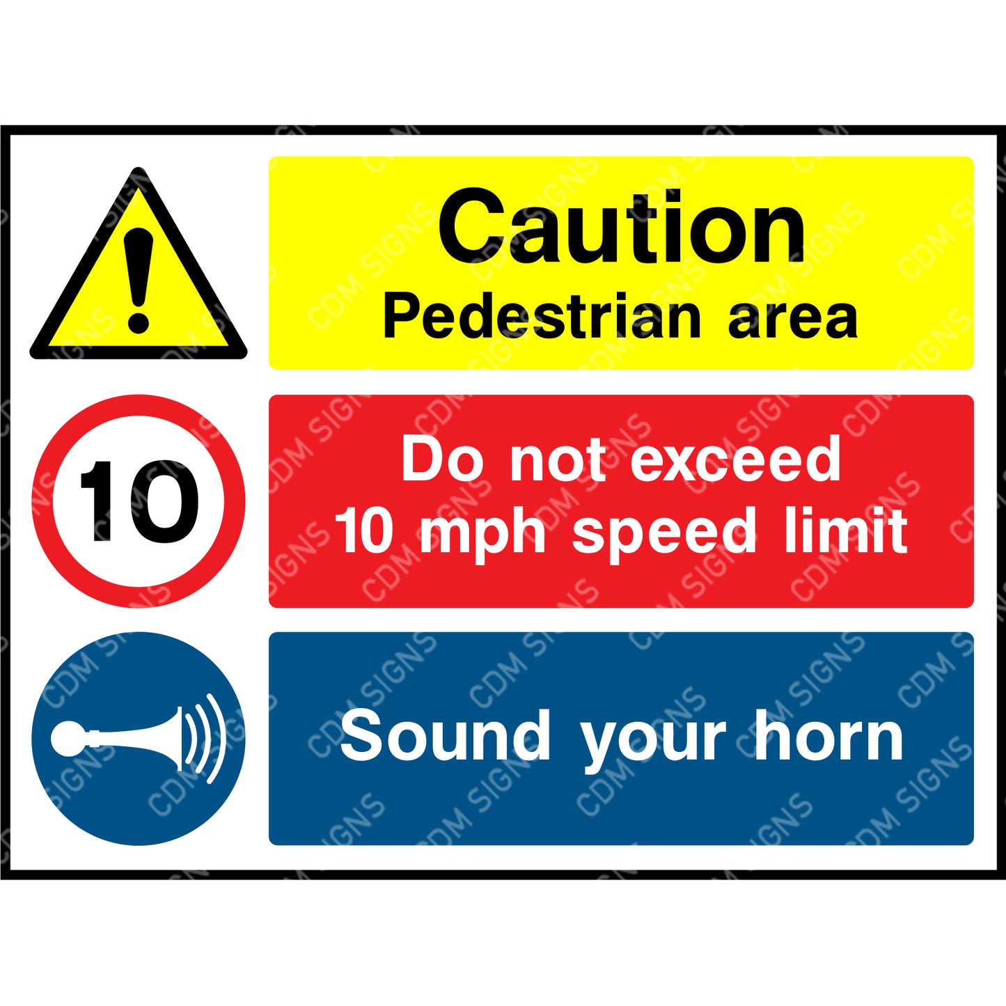 Caution Pedestrian area sign, Do not exceed 10 mph speed limit and sound your horn