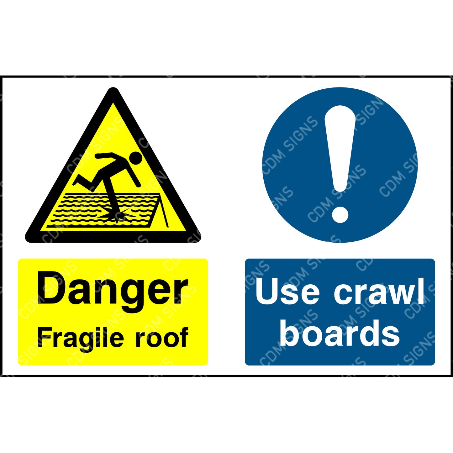 Danger fragile roof and use crawl boards sign