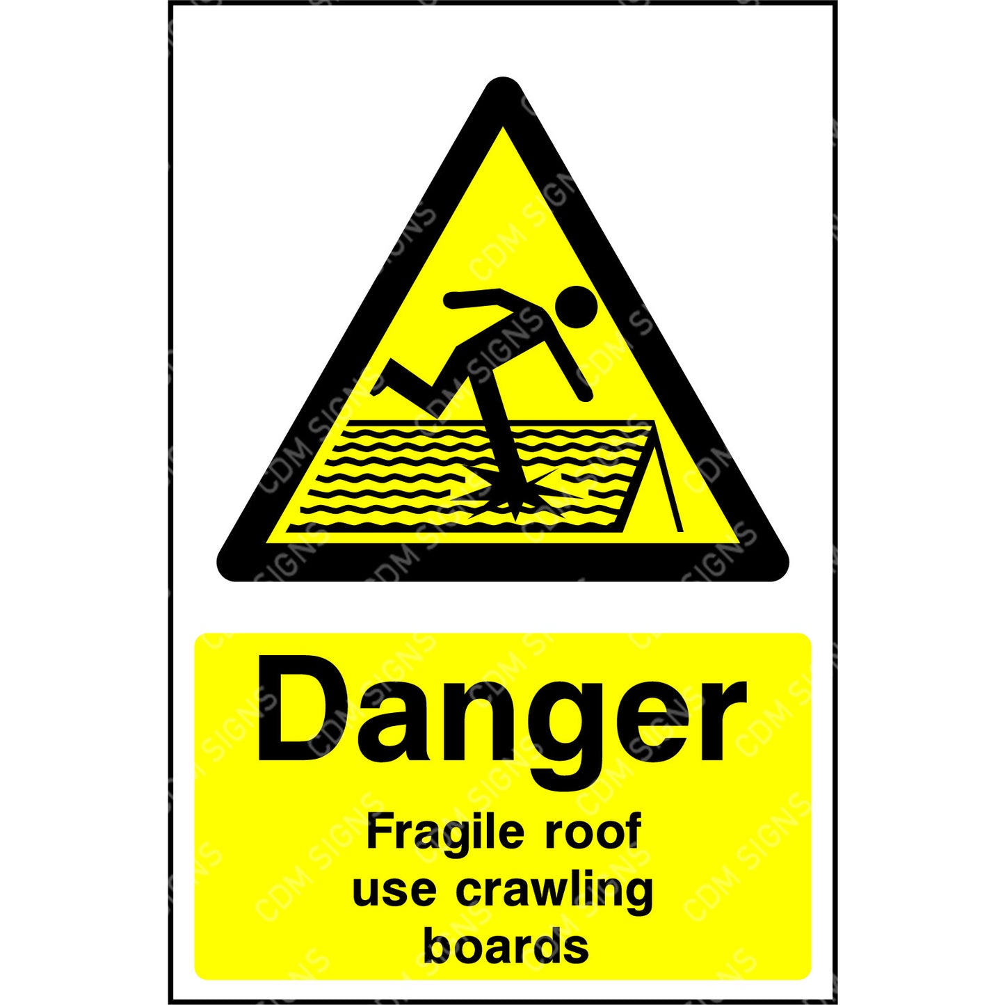 Danger fragile roof use crawling boards sign