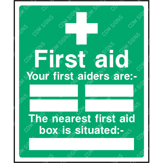 First aid sign.  your first aiders are: The nearest first aid box is situated: